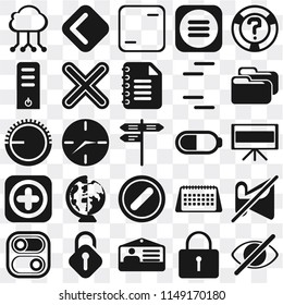 Set Of 25 icons such as Hide, Locked, Id card, Unlocked, Switch, Folder, Battery, Forbidden, Add, Server, Frame, Back, web UI transparent icon pack, pixel perfect