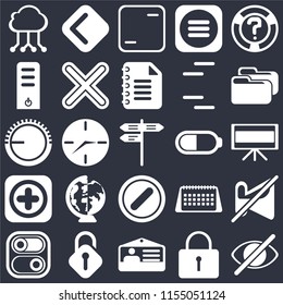 Set Of 25 icons such as Hide, Locked, Id card, Unlocked, Switch, Folder, Battery, Forbidden, Add, Server, Frame, Back on black background, web UI editable icon pack