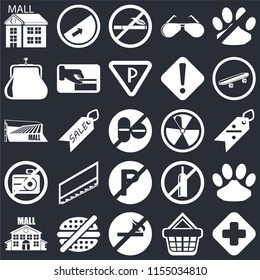 Set Of 25 icons such as Hospital, Shopping basket, No smoking, fast food, Mall, Skateboard, Radiation, parking, camera, Purse, Slope on black background, web UI editable icon pack