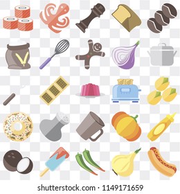 Set Of 25 icons such as Hot dog, Onion, Pepper, Ice cream, Coconut, Pot, Toaster, Mug, Doughnut, Flour, Octopus, web UI transparent icon pack, pixel perfect