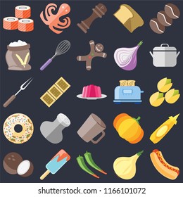 Set Of 25 icons such as Hot dog, Onion, Pepper, Ice cream, Coconut, Pot, Toaster, Mug, Doughnut, Flour, Octopus on black background, web UI editable icon pack