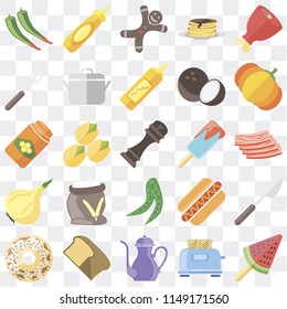 Set Of 25 icons such as Ice cream, Toaster, Teapot, Bread, Doughnut, Pumpkin, Peas, Onion, Fork, Gingerbread, Mustard, web UI transparent icon pack, pixel perfect