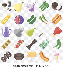 Set Of 25 icons such as Ice cream, Hot dog, Pancakes, Bowl, Coffee, Fork, Pepper, Biscuit, Mustard, Onion, web UI transparent icon pack, pixel perfect