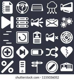 Set Of 25 icons such as Id card, Forbidden, Street, Server, Percent, Settings, Mute, Battery, Add, Next, Calendar, Help on black background, web UI editable icon pack