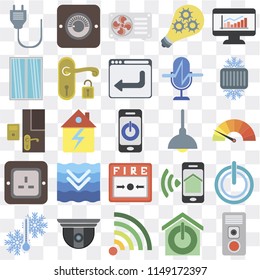 Set Of 25 icons such as Intercom, Smart home, Wifi, Security camera, Temperature, Cool, Lighting, Fire alarm, Plug, Window, Air conditioner, Dimmer, web UI transparent icon pack, pixel perfect