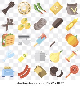 Set Of 25 icons such as Jawbreaker, Coconut, Bread, Sausage, Toaster, Mustard, Fork, Pot, Glass, Gingerbread, Pepper, Doughnut, web UI transparent icon pack, pixel perfect