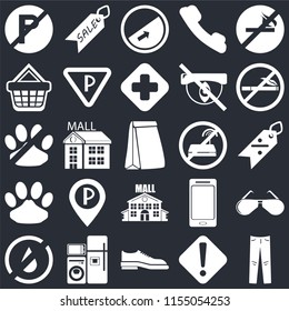 Set Of 25 icons such as Jeans, Warning, Shoes, Electrical appliances, No water, smoking, wifi, Mall, Pet, Shopping basket, Slope, Sale on black background, web UI editable icon pack