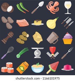 Set Of 25 icons such as Jelly, Ice cream, Pasta, Honey, Sushi, Knives, Mug, Scale, Whisk, Potatoes, Spoon, Pepper on black background, web UI editable icon pack