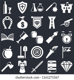 Set Of 25 icons such as Jewelry, Book, Sword, Tunic, Axe, Cannon, Bladder pipe, Archery, Cauldron, Horseshoe, Alchemy, Shield on black background, web UI editable icon pack