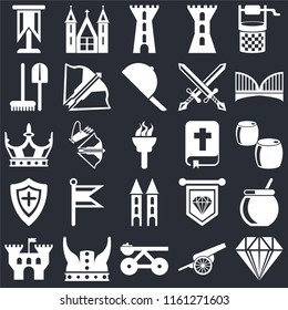 Set Of 25 icons such as Jewelry, Cannon, Trebuchet, Viking, Castle, Bridge, Bible, Tower, Shield, Tools, Church on black background, web UI editable icon pack