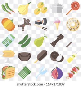 Set Of 25 icons such as Kebab, Fig, Glass, Asparagus, Taco, Doughnut, Pepper, Ice cream, Pancakes, Pumpkin, Pistachio, Onion, web UI transparent icon pack, pixel perfect