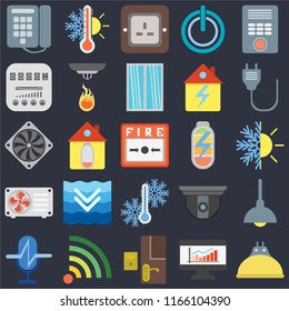 Set Of 25 icons such as Lightbulb, Dashboard, Doorbell, Wifi, Voice control, Plug, Power, Temperature, Air conditioner, Meter, Thermostat on black background, web UI editable icon pack