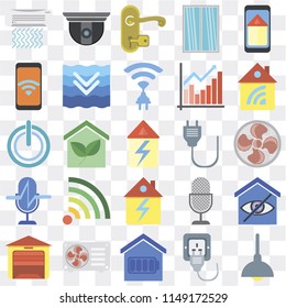 Set Of 25 icons such as Lighting, Plug, Smart home, Air conditioner, Garage, Home, Voice control, Mobile, Handle, Security camera, web UI transparent icon pack, pixel perfect
