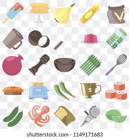 Set Of 25 icons such as Lime, Grinder, Bread, Octopus, Cucumber, Pickles, Asparagus, Pepper, Pie, Mug, Onion, Pancakes, web UI transparent icon pack, pixel perfect