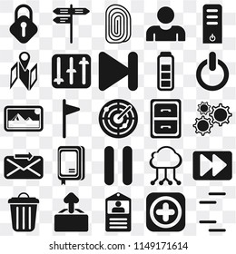 Set Of 25 icons such as Lines, Add, Id card, Upload, Garbage, Switch, Archive, Pause, Send, Map, Fingerprint, Street, web UI transparent icon pack, pixel perfect
