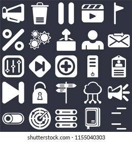 Set Of 25 icons such as Lines, Notebook, Database, Radar, Switch, Send, Server, Street, Next, Percent, Pause, Trash on black background, web UI editable icon pack