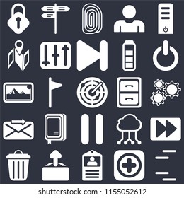 Set Of 25 icons such as Lines, Add, Id card, Upload, Garbage, Switch, Archive, Pause, Send, Map, Fingerprint, Street on black background, web UI editable icon pack