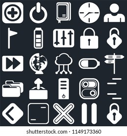 Set Of 25 icons such as Lock, Pause, Multiply, Frame, Back, Unlocked, Battery, Server, Folder, Flag, Notebook, Switch, web UI editable icon pack, pixel perfect