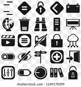 Set Of 25 icons such as Locked, Archive, Volume control, Battery, Controls, Television, Street, Switch, Worldwide, Unlocked, Equal, web UI transparent icon pack, pixel perfect
