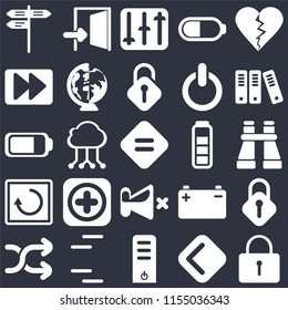 Set Of 25 icons such as Locked, Back, Server, Lines, Shuffle, Archive, Battery, Mute, Restart, Fast forward, Controls, Exit on black background, web UI editable icon pack