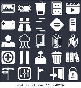 Set Of 25 icons such as Locked, Exit, Flag, Controls, Street, Server, Fingerprint, Upload, Add, Battery, Trash, Switch on black background, web UI editable icon pack