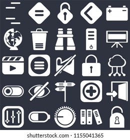 Set Of 25 icons such as Locked, Archive, Volume control, Battery, Controls, Television, Street, Switch, Worldwide, Unlocked, Equal on black background, web UI editable icon pack