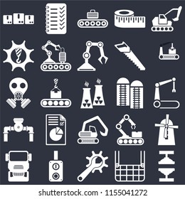 Set Of 25 icons such as Machine press, Elevator, Maintenance, Switch, Truck, Conveyor, Silo, Digger, Pump, Machinery, Planning on black background, web UI editable icon pack
