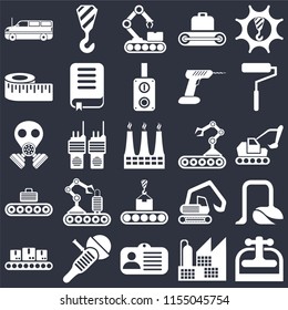 Set Of 25 icons such as Machine press, Factory, Id card, Sanding machine, Conveyor, Roller, Measure, Crane on black background, web UI editable icon pack