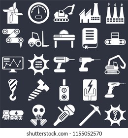 Set Of 25 icons such as Machinery, Pick, Sanding machine, Gas mask, Tank truck, Conveyor, Drill, Switch, Crane, Robot arm, Excavator, Gauge on black background, web UI editable icon pack