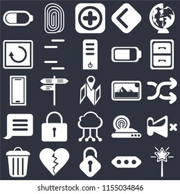 Set Of 25 icons such as Magic wand, More, Unlocked, Dislike, Garbage, Archive, Photos, Cloud computing, Notification, Restart, Add, Fingerprint on black background, web UI editable icon pack
