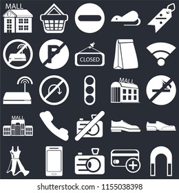 Set Of 25 icons such as Magnet, Cit card, Camera, Smartphone, Dress, Wifi, Mall, No camera, wifi, Forbidden, Shopping basket on black background, web UI editable icon pack