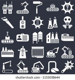 Set Of 25 icons such as Maintenance, Vacuum, Digger, Conveyor, Robotic arm, Gas mask, Factory, print, Saw, Roller, Conveyor on black background, web UI editable icon pack