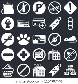 Set Of 25 icons such as Mall, Discount, Forbidden, Shopping basket, Traffic light, No fire, camera, Restroom, parking, alcohol on black background, web UI editable icon pack