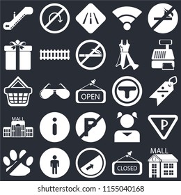 Set Of 25 icons such as Mall, Closed, Slope, Restroom, No pets, Cashier machine, Junction, parking, Gift, Road, turn on black background, web UI editable icon pack