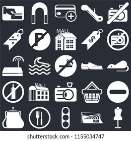 Set Of 25 icons such as Mannequin, Mall, Traffic light, Restaurant, Purse, No camera, Shoes, Camera, alcohol, Discount, Cit card, Magnet on black background, web UI editable icon pack