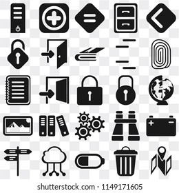 Set Of 25 icons such as Map, Garbage, Battery, Cloud computing, Street, Fingerprint, Locked, Settings, Photos, Unlocked, Equal, Add, web UI transparent icon pack, pixel perfect