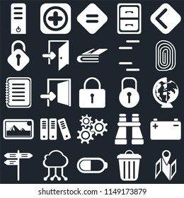Set Of 25 icons such as Map, Garbage, Battery, Cloud computing, Street, Fingerprint, Locked, Settings, Photos, Unlocked, Equal, Add, web UI editable icon pack, pixel perfect