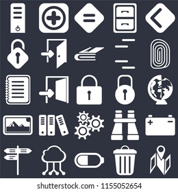 Set Of 25 icons such as Map, Garbage, Battery, Cloud computing, Street, Fingerprint, Locked, Settings, Photos, Unlocked, Equal, Add on black background, web UI editable icon pack