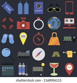 Set Of 25 icons such as Map, Cocktail, Beach volleyball, Oxygen tank, Calendar, Booking, Bag, Compass, Search, Lifebuoy, Passport, on black background, web UI editable icon pack