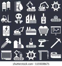 Set Of 25 icons such as Measure, Crane, Machinery, Conveyor, print, Coal, Bolt, Forklift, Oil on black background, web UI editable icon pack