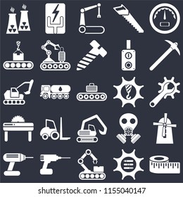 Set Of 25 icons such as Measure, Options, Conveyor, Drill, Pick, Machinery, Digger, Saw, Robotic arm, Electricity on black background, web UI editable icon pack