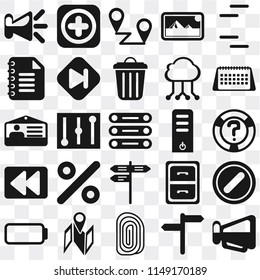 Set Of 25 icons such as Megaphone, , Fingerprint, Map, Battery, Calendar, Server, Street, Rewind, Notepad, Placeholders, Add, web UI transparent icon pack, pixel perfect