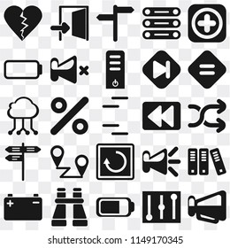 Set Of 25 icons such as Megaphone, Controls, Battery, Binoculars, Equal, Rewind, Restart, Street, , Exit, web UI transparent icon pack, pixel perfect