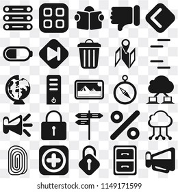 Set Of 25 icons such as Megaphone, Archive, Unlocked, Add, Fingerprint, Lines, Compass, Street, Speaker, Battery, Reading, Menu, web UI transparent icon pack, pixel perfect