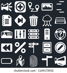 Set Of 25 icons such as Megaphone, , Fingerprint, Map, Battery, Calendar, Server, Street, Rewind, Notepad, Placeholders, Add, web UI editable icon pack, pixel perfect