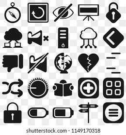 Set Of 25 icons such as Menu, Street, Battery, Locked, Back, Dislike, Reading, Shuffle, Cloud computing, Hide, Restart, web UI transparent icon pack, pixel perfect