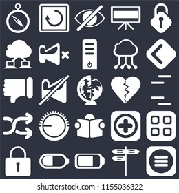 Set Of 25 icons such as Menu, Street, Battery, Locked, Back, Dislike, Reading, Shuffle, Cloud computing, Hide, Restart on black background, web UI editable icon pack