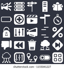 Set Of 25 icons such as Menu, Switch, Placeholders, Controls, Cloud computing, Compass, Lines, Trash, Dislike, Battery, Street, Database on black background, web UI editable icon pack