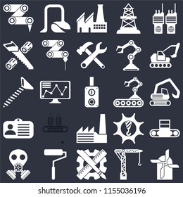 Set Of 25 icons such as Mill, Crane, Planning, Roller, Gas mask, Excavator, Conveyor, Factory, Id card, Wood cutting, Vacuum on black background, web UI editable icon pack