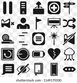 Set Of 25 icons such as More, Smartphone, Notebook, Hide, Notification, Shuffle, Magic wand, Battery, Restart, Mute, Upload, Server, web UI transparent icon pack, pixel perfect